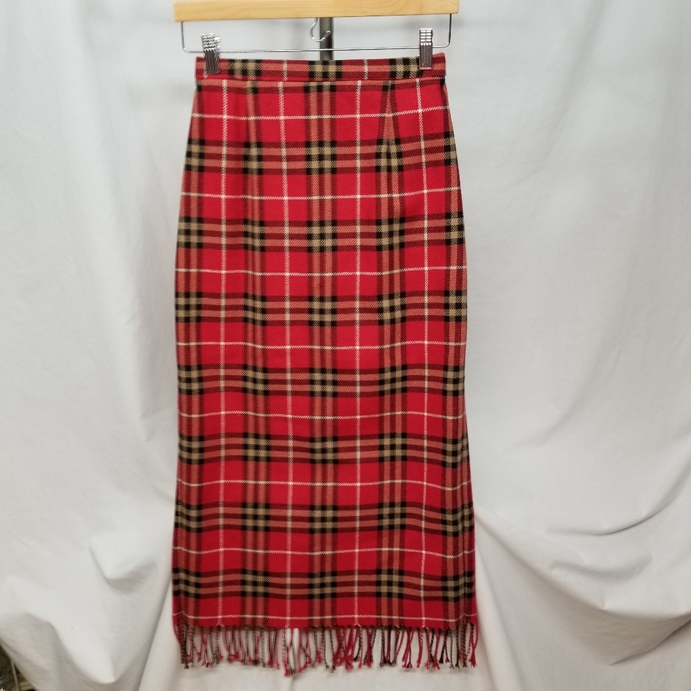 Nouveaux VTG Red Tan Wool Blend Plaid Women's Long Lined Fringe Edge Skirt 2P